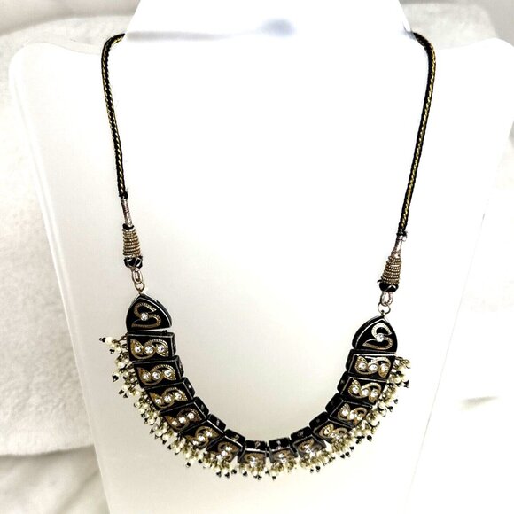 Ethnic-Inspired Black/Gold Beaded Necklace W/Intricate Detailing & Adjust. Cord - Picture 3 of 4
